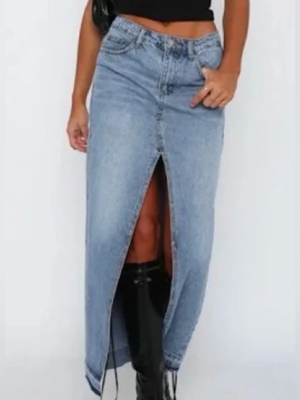 White Fox Long Denim Skirt Raw Hen Front Slit Size XS